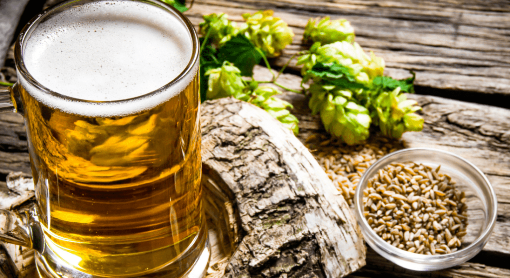 Beer mug with hops and grains