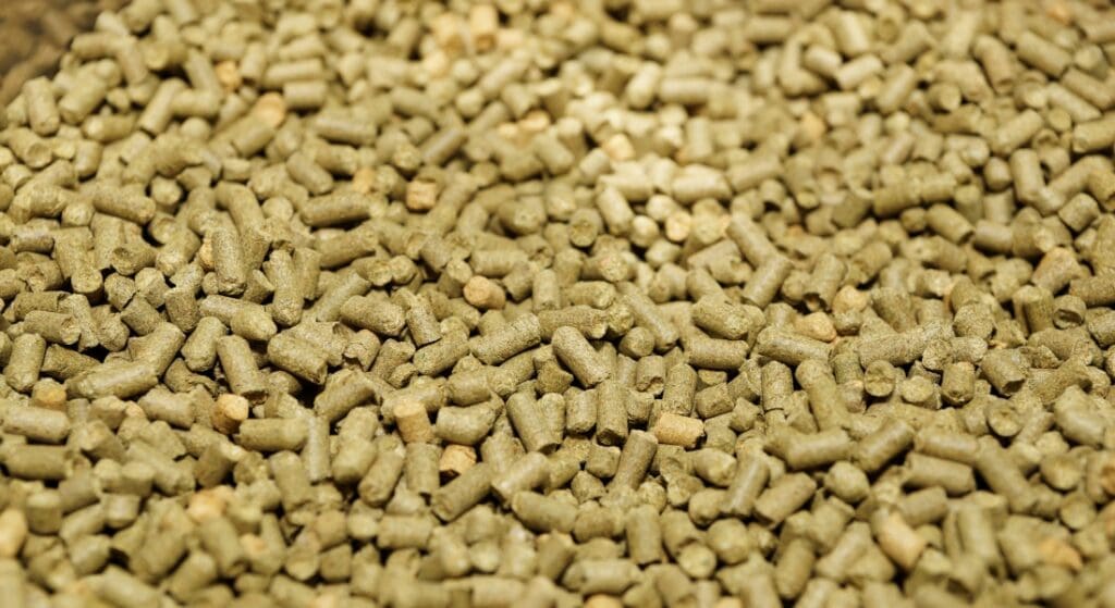 A close-up image showing numerous small, cylindrical animal feed pellets piled together.