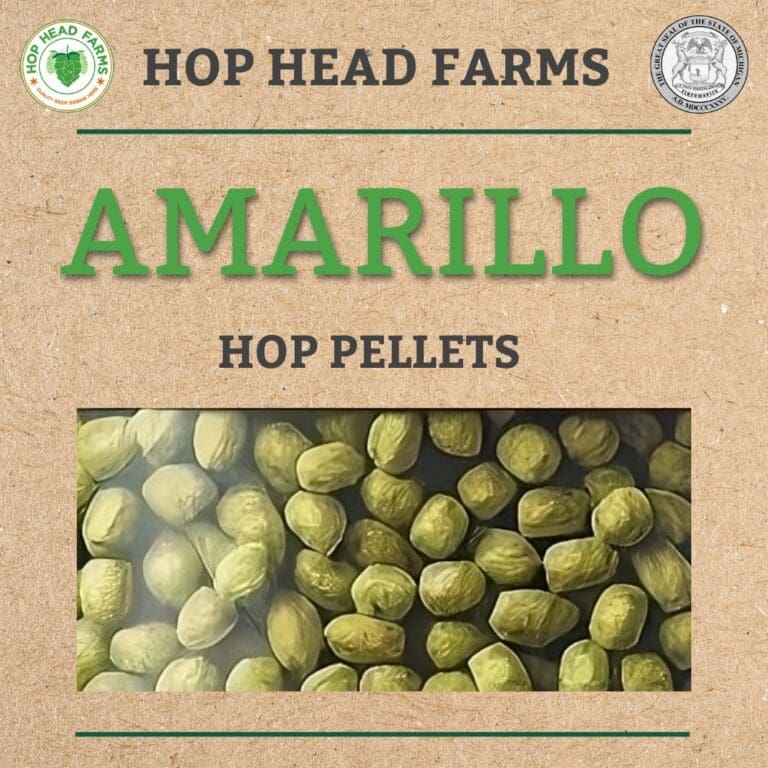 Image showing a packaging label from Hop Head Farms for Amarillo hop pellets. The label features an image of green hop pellets with logos from Hop Head Farms and related certification.