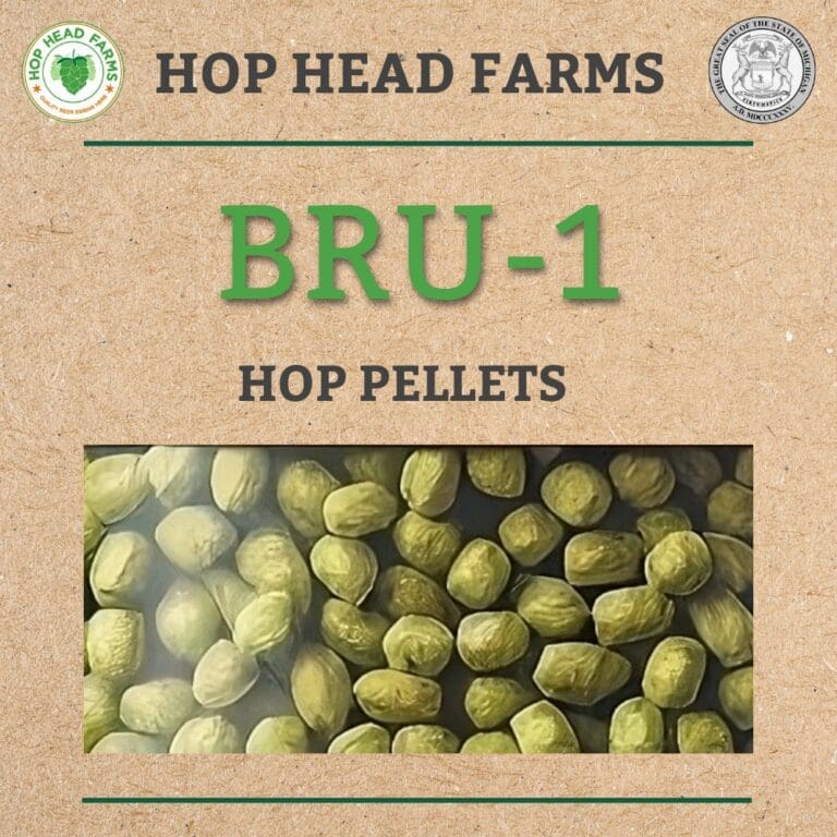 Image of a Hop Head Farms BRU-1 hop pellets packaging. The cardboard background shows the product name and a close-up view of the green hop pellets. Logos are present in the corners.