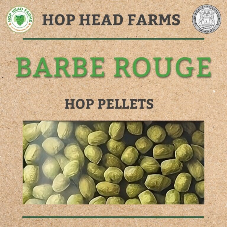 Label for Hop Head Farms Barbe Rouge hop pellets, featuring an overhead image of the yellowish-green hop pellets.