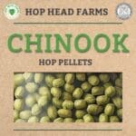 A rectangular image of Chinook hop pellets displayed against a brown background with "Hop Head Farms" and "Hop Pellets" text at the top corners.