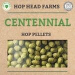 Image of a package labeled "Hop Head Farms Centennial Hop Pellets" with a window showing green hop pellets inside.