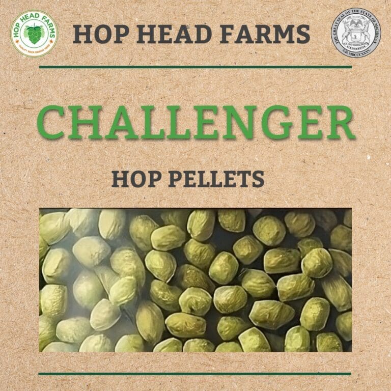 Image of hop pellets with the label "Challenger Hop Pellets" from Hop Head Farms.