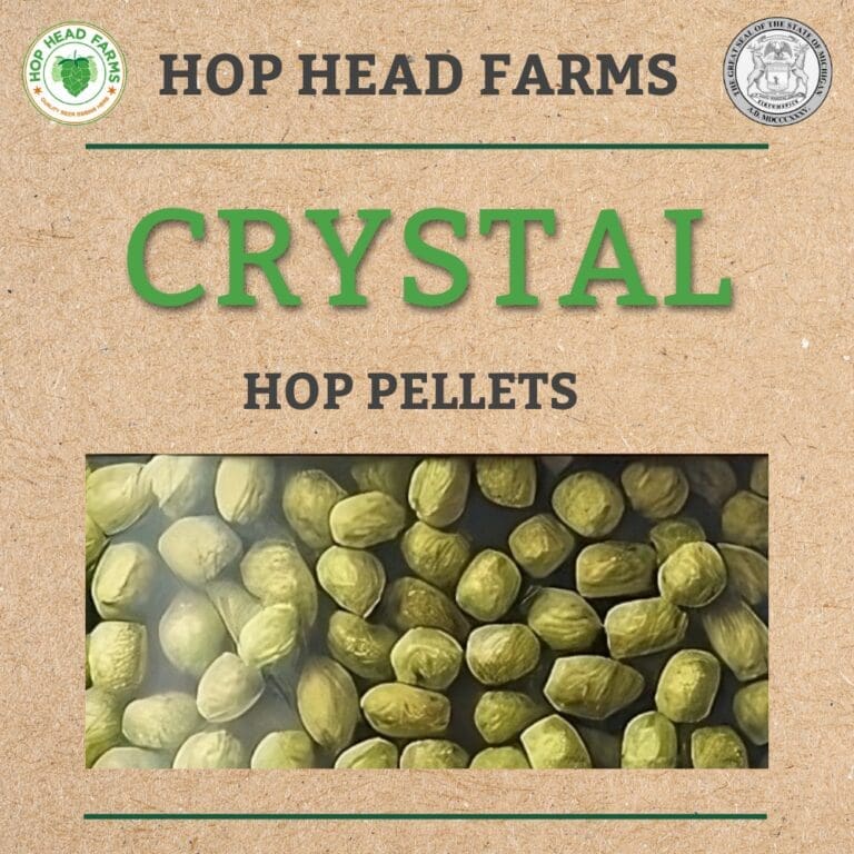 Image showing the label for "Crystal Hop Pellets" from Hop Head Farms. The label features a close-up image of green hop pellets, with logos of Hop Head Farms and the State of Michigan Seal.