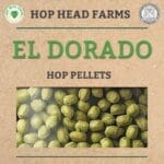 Image of packaging for "El Dorado Hop Pellets" from Hop Head Farms, showing a close-up of the hop pellets at the bottom of the design.