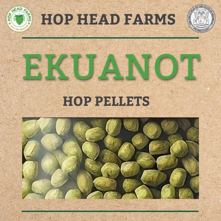 Label for a product from Hop Head Farms, showcasing "Ekuanot Hop Pellets" with an image of green hop pellets.