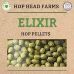 Image showing packaging of "Elixir" hop pellets from Hop Head Farms. The background is beige with two logos and an image of green hop pellets at the bottom.