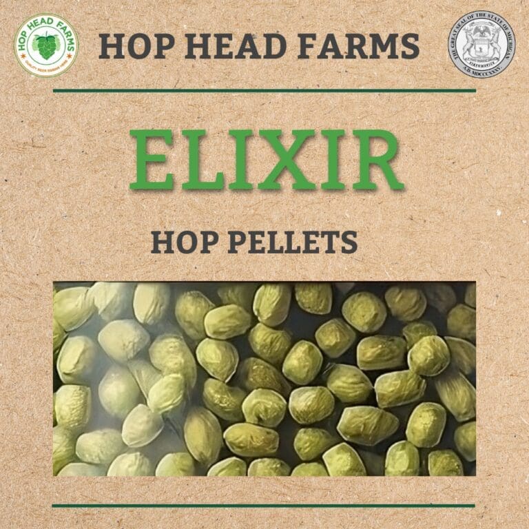 Image showing packaging of "Elixir" hop pellets from Hop Head Farms. The background is beige with two logos and an image of green hop pellets at the bottom.