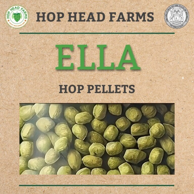 Packaging for ELLA hop pellets from Hop Head Farms, showing an image of the hop pellets and logos of the farm and a certification seal.