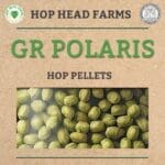 A package labeled "GR POLARIS HOP PELLETS" from Hop Head Farms, with an image showing green hop pellets.