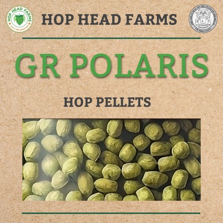 A package labeled "GR POLARIS HOP PELLETS" from Hop Head Farms, with an image showing green hop pellets.