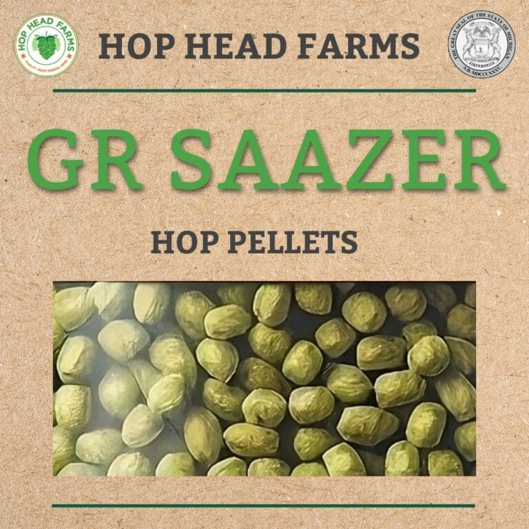 Image of a Hop Head Farms product label for GR Saazer hop pellets, featuring a photo of the pellets in the center.