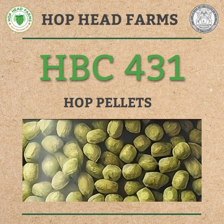 A close-up of HBC 431 hop pellets from Hop Head Farms. The background appears to be textured paper with the farm's logo and certification seal.