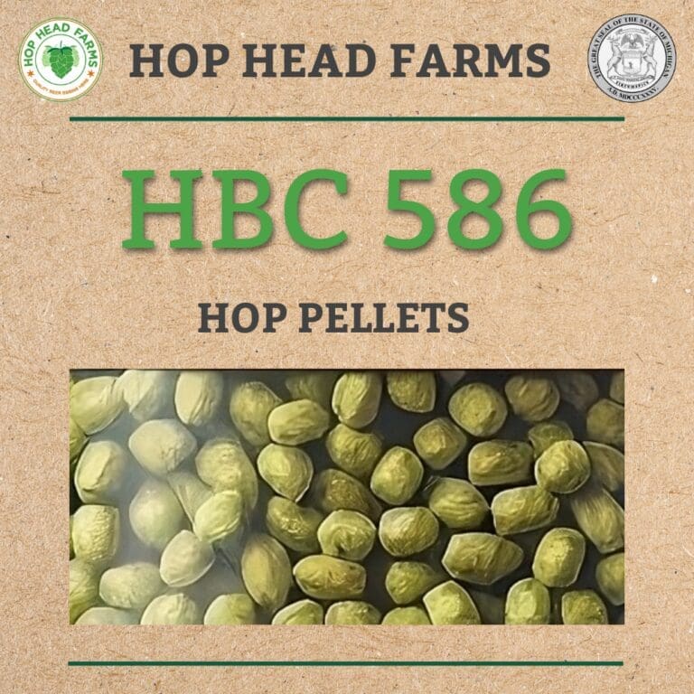 A close-up image of green hop pellets labeled "HBC 586" from Hop Head Farms. Logos of Hop Head Farms and the State of Michigan Seal are at the corners of the image.