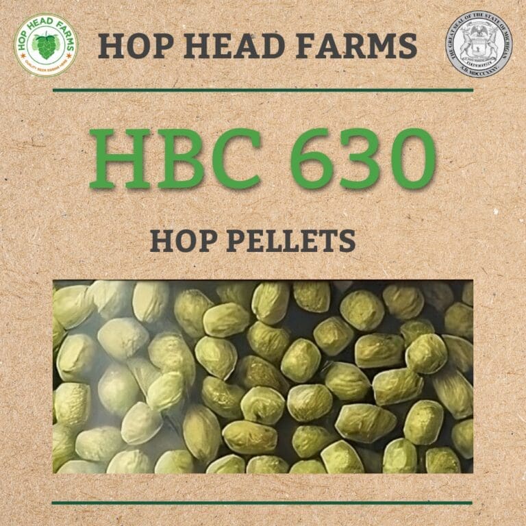 Image of Hop Head Farms HBC 630 hop pellets against a burlap background. The Hop Head Farms and Michigan State University logos are displayed at the top.