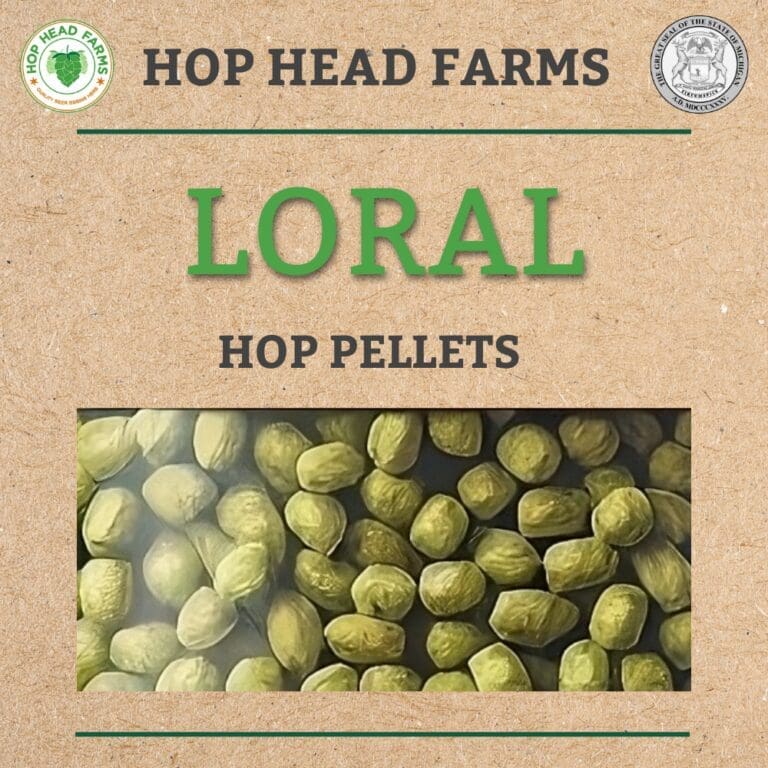 Image of Loral hop pellets from Hop Head Farms. The background is a textured, light brown surface with the product name and "hop pellets" written above the image of the pellets.