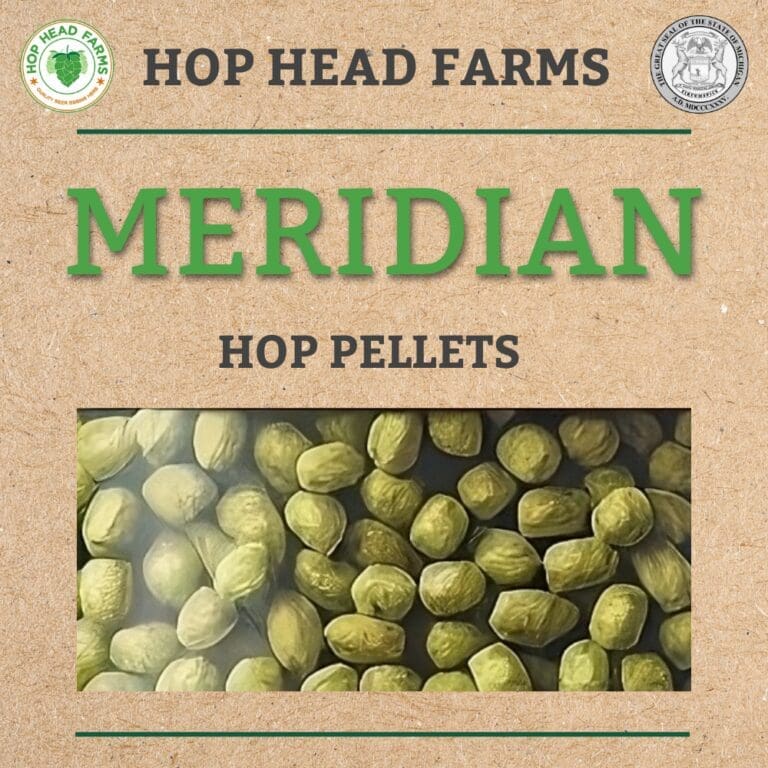 Image of a product label showing "Hop Head Farms Meridian Hop Pellets" with a photo of the green hop pellets below the text. The label also features logos and text in small print.