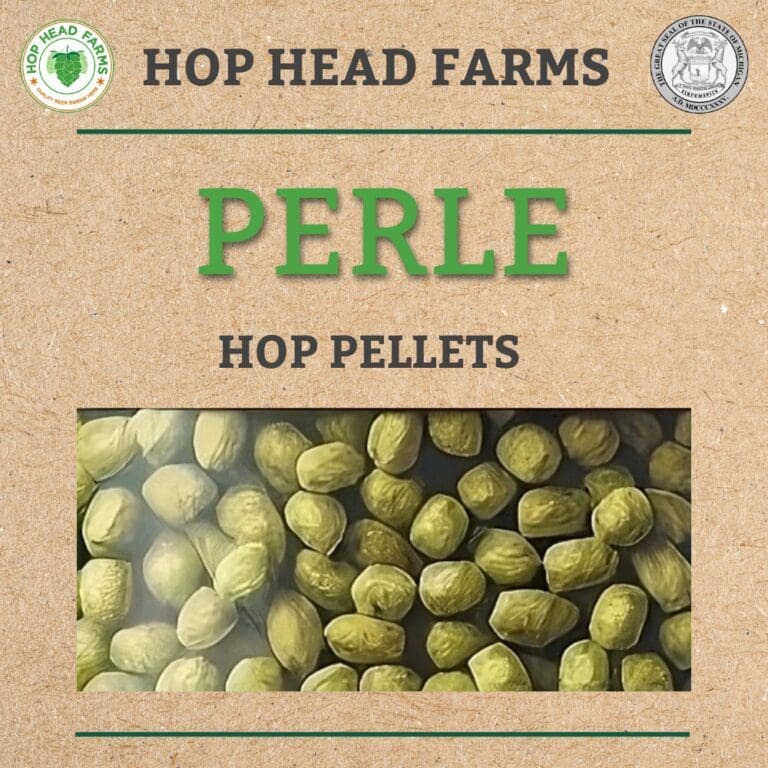 Image of Hop Head Farms’ Perle hop pellets on a cardboard background, featuring company logos and the product name. The foreground shows a close-up of the green hop pellets.