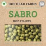 Image showing a label reading "Hop Head Farms SABRO Hop Pellets" with an image of green hop pellets beneath the text.
