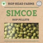 Packaging of Simcoe hop pellets from Hop Head Farms. The packaging features the text "SIMCOE HOP PELLETS" and an image displaying the hop pellets.