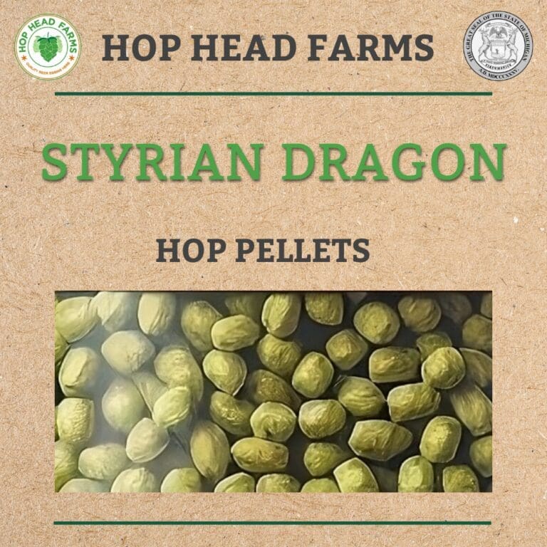 Label for Styrian Dragon hop pellets by Hop Head Farms. The label includes logos, green text, and an image of green hop pellets on a textured brown background.