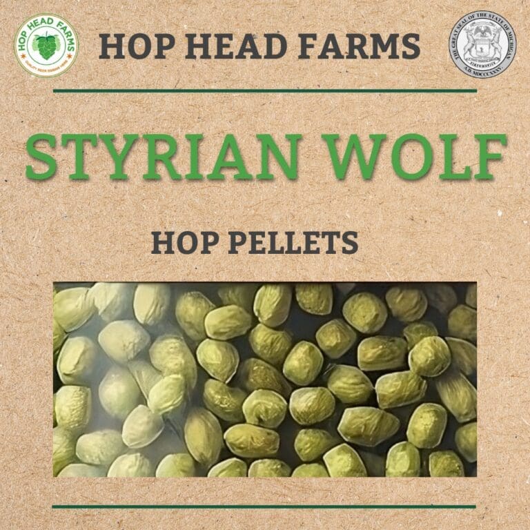 Hop Head Farms Styrian Wolf Hop Pellets packaging, showing an image of green hop pellets on a cardboard-like background.