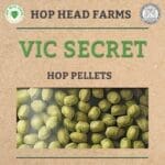 Image shows a Hop Head Farms product labeled "Vic Secret Hop Pellets." The packaging features an image of the green hop pellets and logos in the corners.