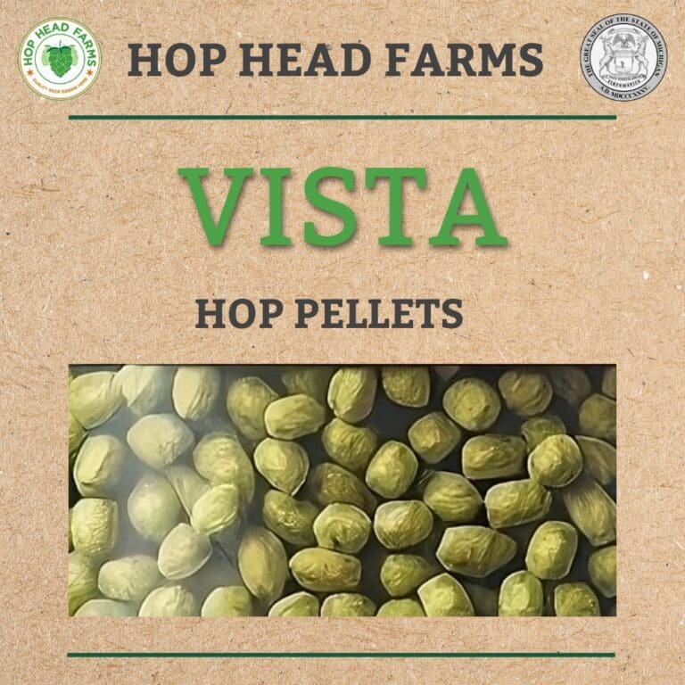 Close-up of Vista hop pellets in a packaging from Hop Head Farms. The image includes the company logo and the Michigan Department of Agriculture and Rural Development seal.