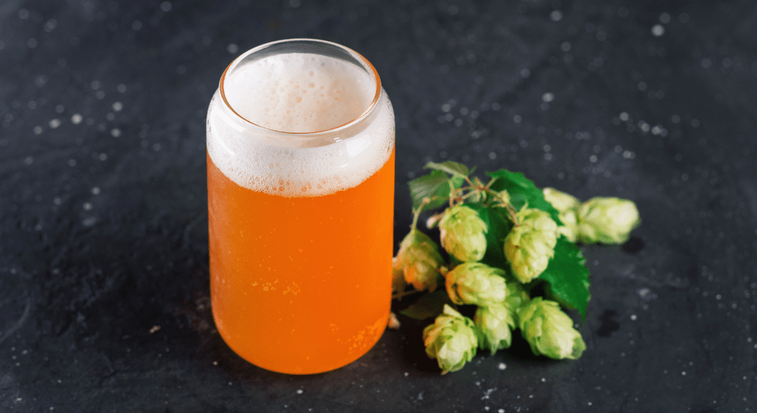 A glass of orange beer with a frothy head next to a small bunch of green hops on a dark surface. 9 Kinds of IPA Style. 