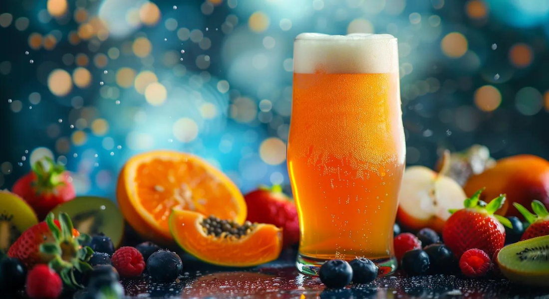 A pint glass of orange juice with foam atop sits amidst assorted fruits, including oranges, raspberries, blueberries, strawberries, and kiwi, against a blurred, colorful bokeh background. What is the Fruitiest Hop