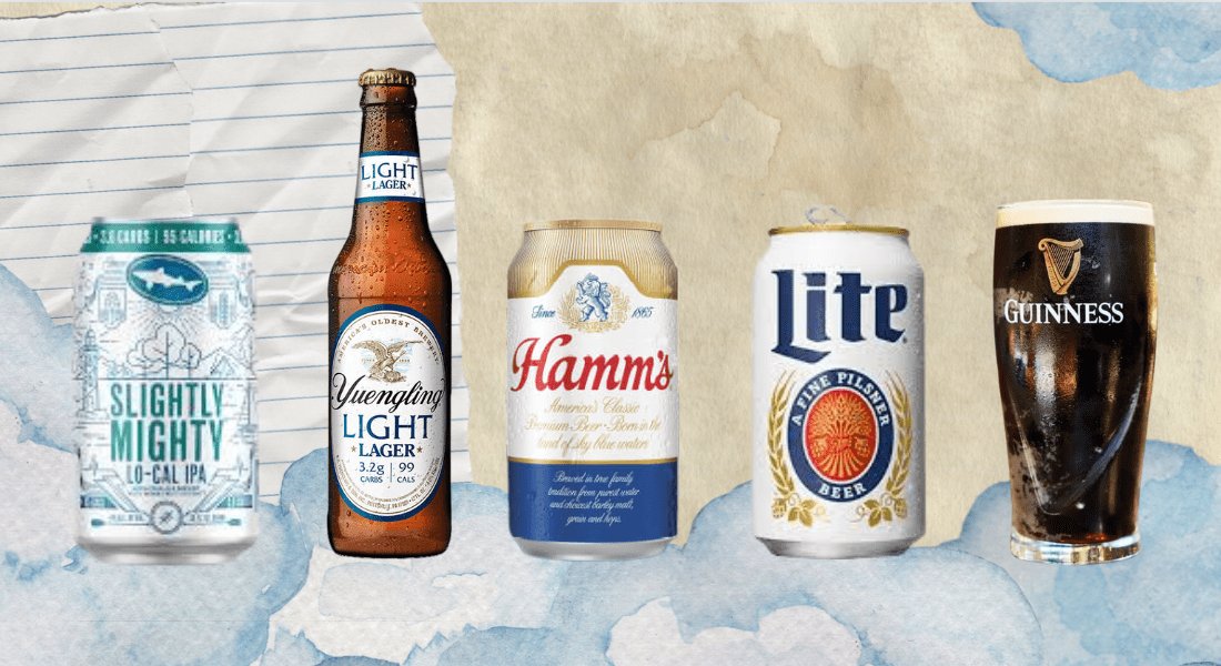 Five beverages: Slightly Mighty IPA can, Yuengling Light Lager bottle, Hamm's can, Lite can, and a Guinness pint glass. Background has a textured paper and watercolor design.